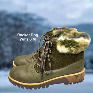 Rocket Dog Womens Green Faux Leather/Fur Lined Hight Top Hiking‎ Boot Size 6 M